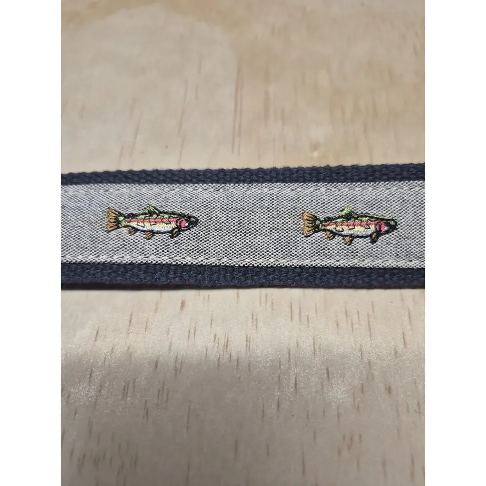 J.Crew Men’s 38 Fish Trout Embroidered Canvas & Leather Belt Navy/Brown Silver